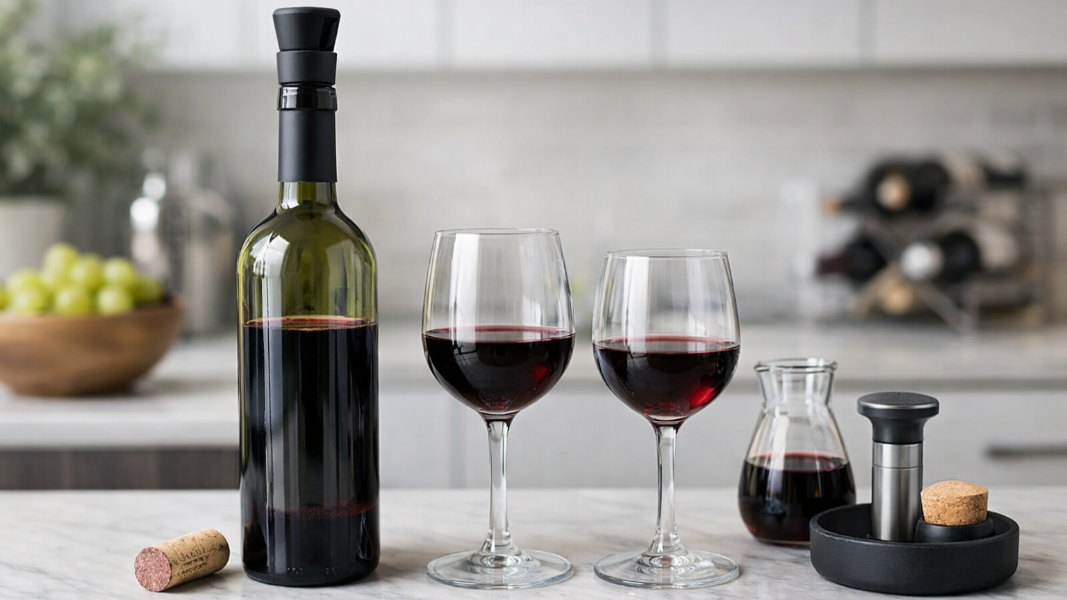 Open red wine bottle and glass on modern kitchen counter with natural light, minimalist home wine scene