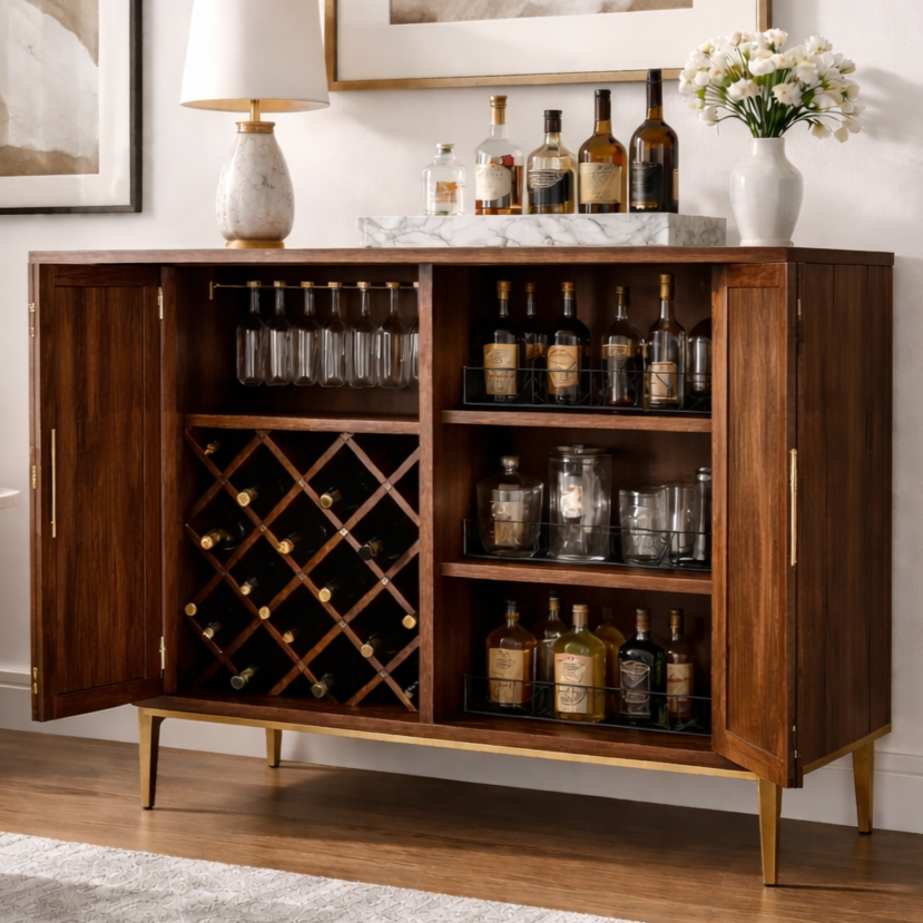Styled Wine Bar Cabinet with bottle and stemware storage and lightly accessorized in a modern home setting.