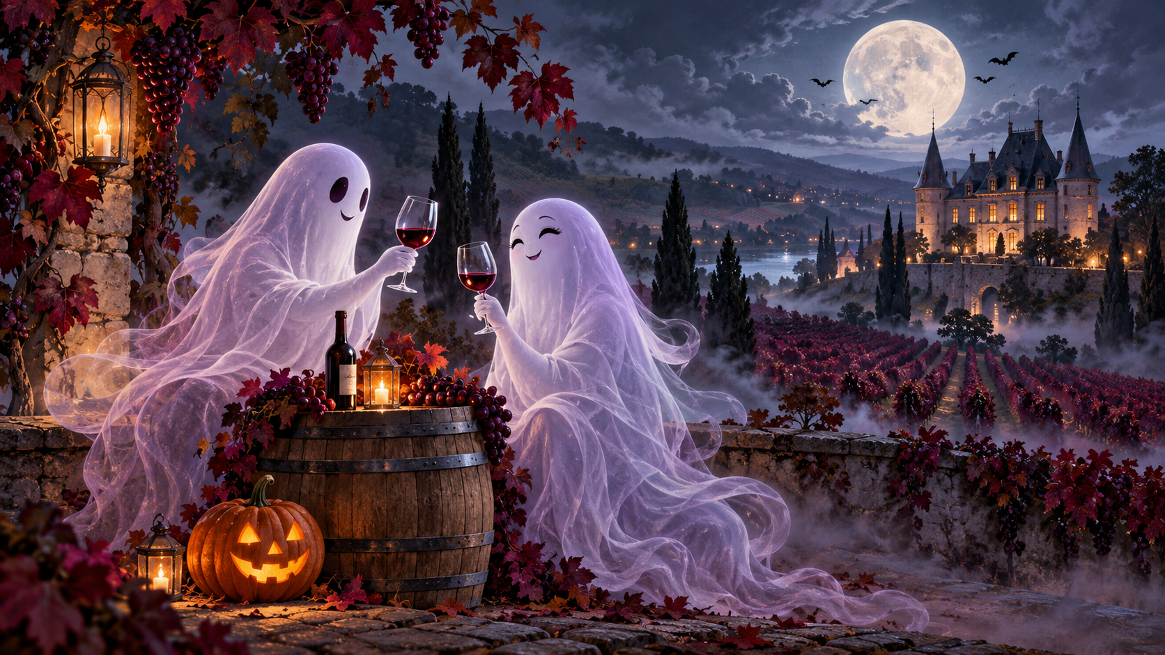 Two smiling ghosts raise glasses of red wine beside a glowing jack-o’-lantern, with misty vineyards and a château under a full moon.