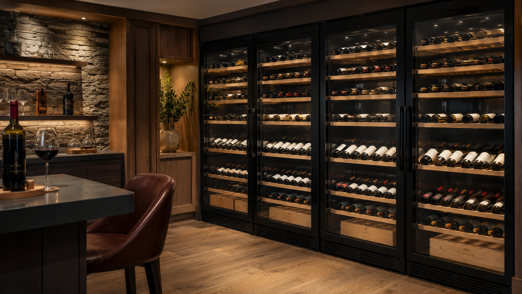 Modern home wine room featuring multiple large glass-door wine refrigerators filled with bottles, warm wood cabinetry, stone accent walls, and a tasting area designed for serious wine collectors.