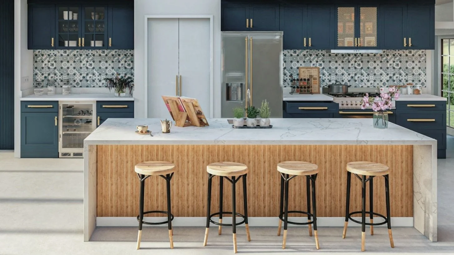 Built-in wine fridge installed beneath blue kitchen cabinetry with marble island and modern open layout.