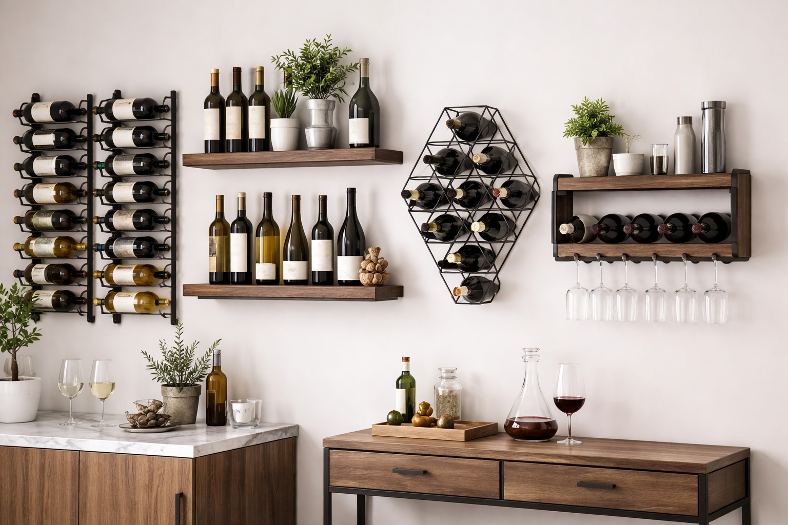 Modern home wine wall with floating shelves and wine racks, clean minimalist kitchen bar setup, neutral tones, soft natural lighting, bottles and glass styled on wall-mounted shelves, uncluttered, editorial photography style