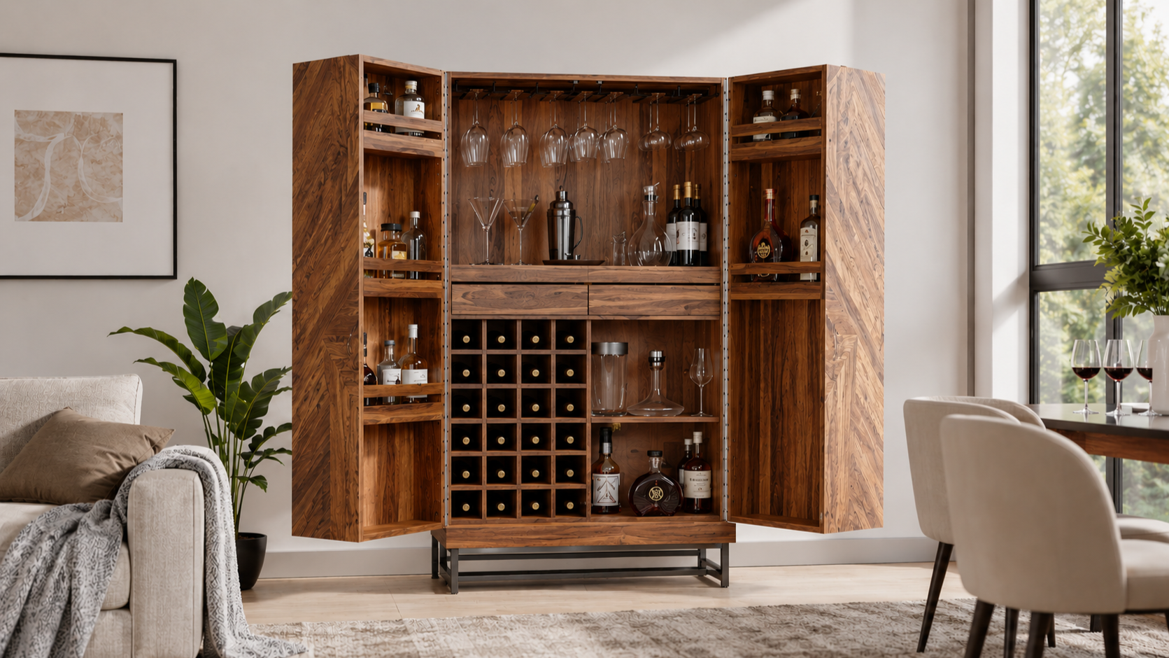 Modern luxury wine bar cabinet with herringbone wood doors open to reveal integrated wine bottle storage, hanging stemware racks, spirits storage, and glassware display in a bright contemporary living space with clean minimalist design.