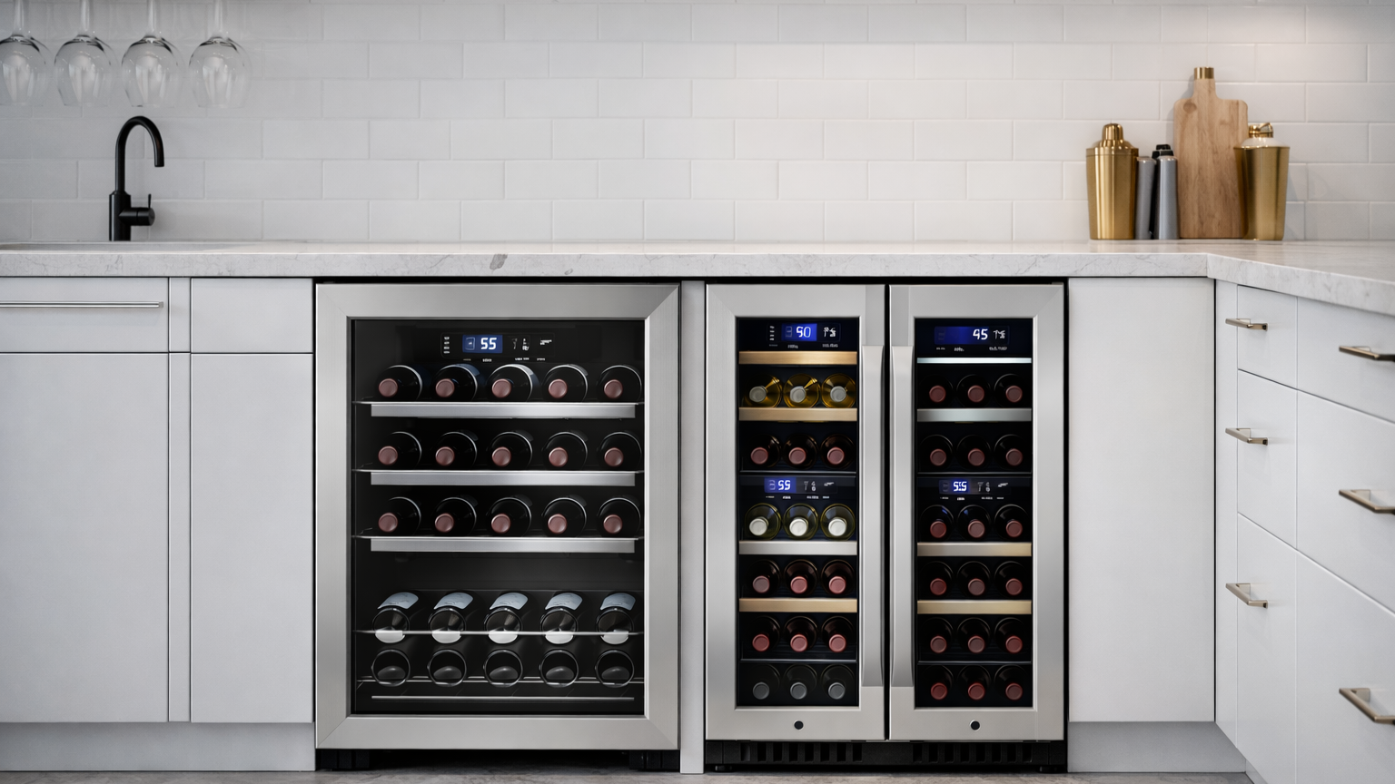 Modern kitchen with built in wine refrigerators showing single zone and dual zone wine storage units side by side.