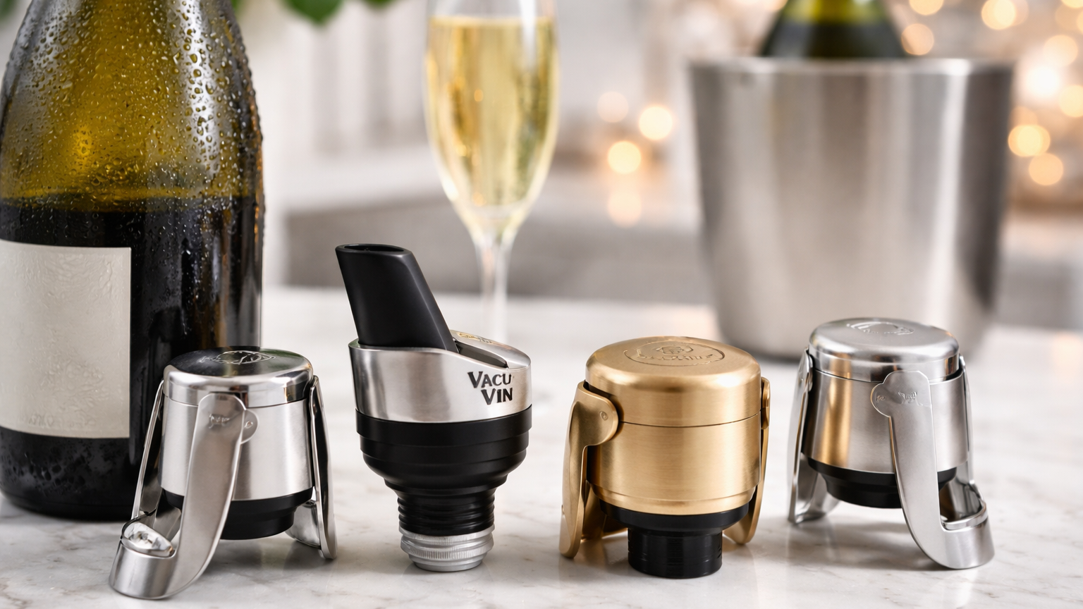 Modern champagne stoppers arranged on a marble kitchen counter with a chilled sparkling wine bottle, champagne flute, and soft ambient lighting in a minimalist home bar setting