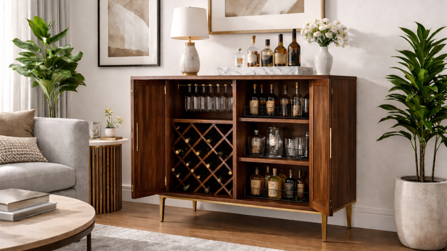 Modern solid wood home bar cabinet with brass legs and open doors displaying wine bottles, glassware, and spirits, styled in a bright contemporary living room with neutral decor and plants.
