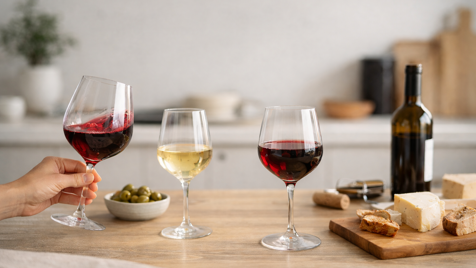 Modern kitchen counter with three wine glasses, a bottle of wine, olives, and cheese during a casual wine tasting.