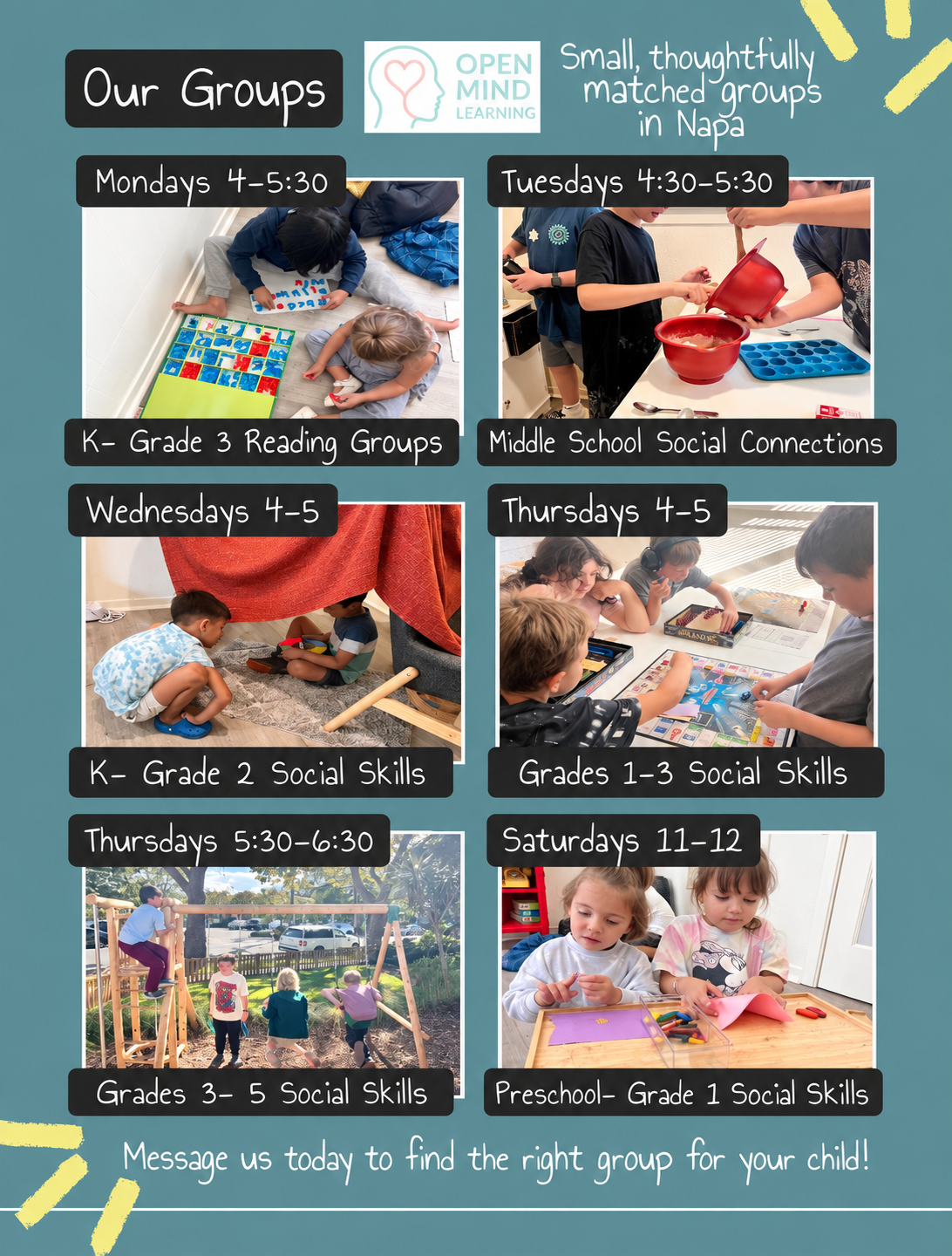 A colorful informational poster displaying various social and reading groups for children, organized by days and age groups, with photos of children engaging in activities.