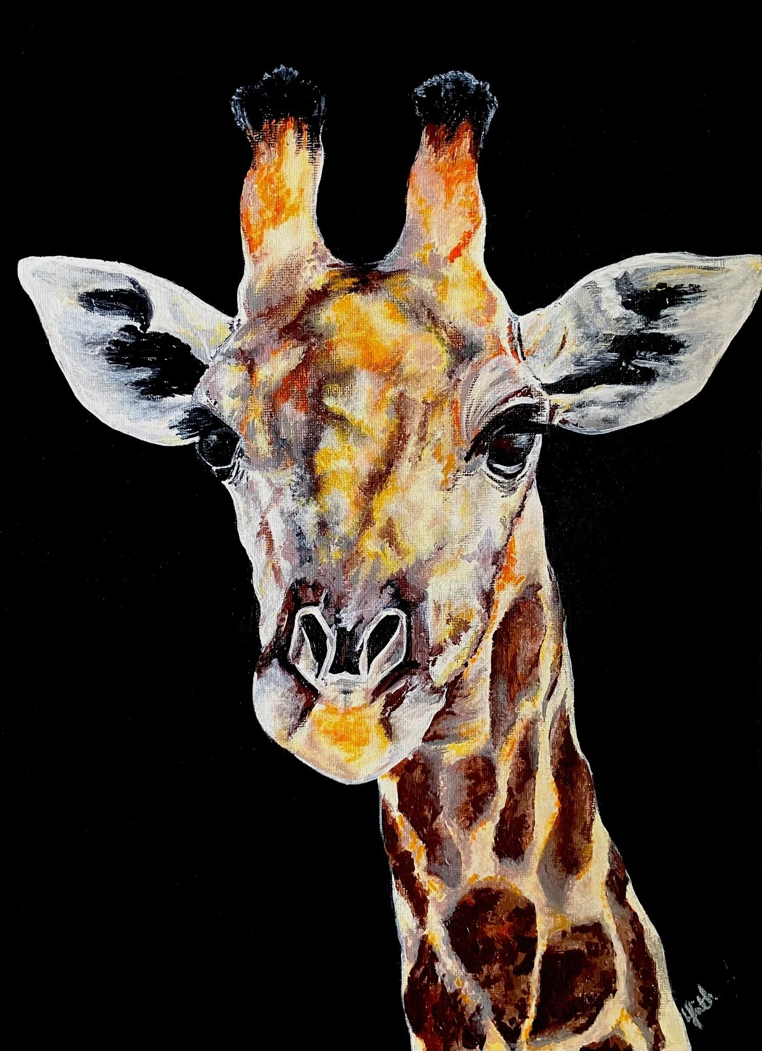 This Giraffe artwork is composed of layers of vibrant acrylic paint. African Baby Giraffe Painting created by Australian artist Louise Frith in 2025 as part of the 'Step into Africa' series.