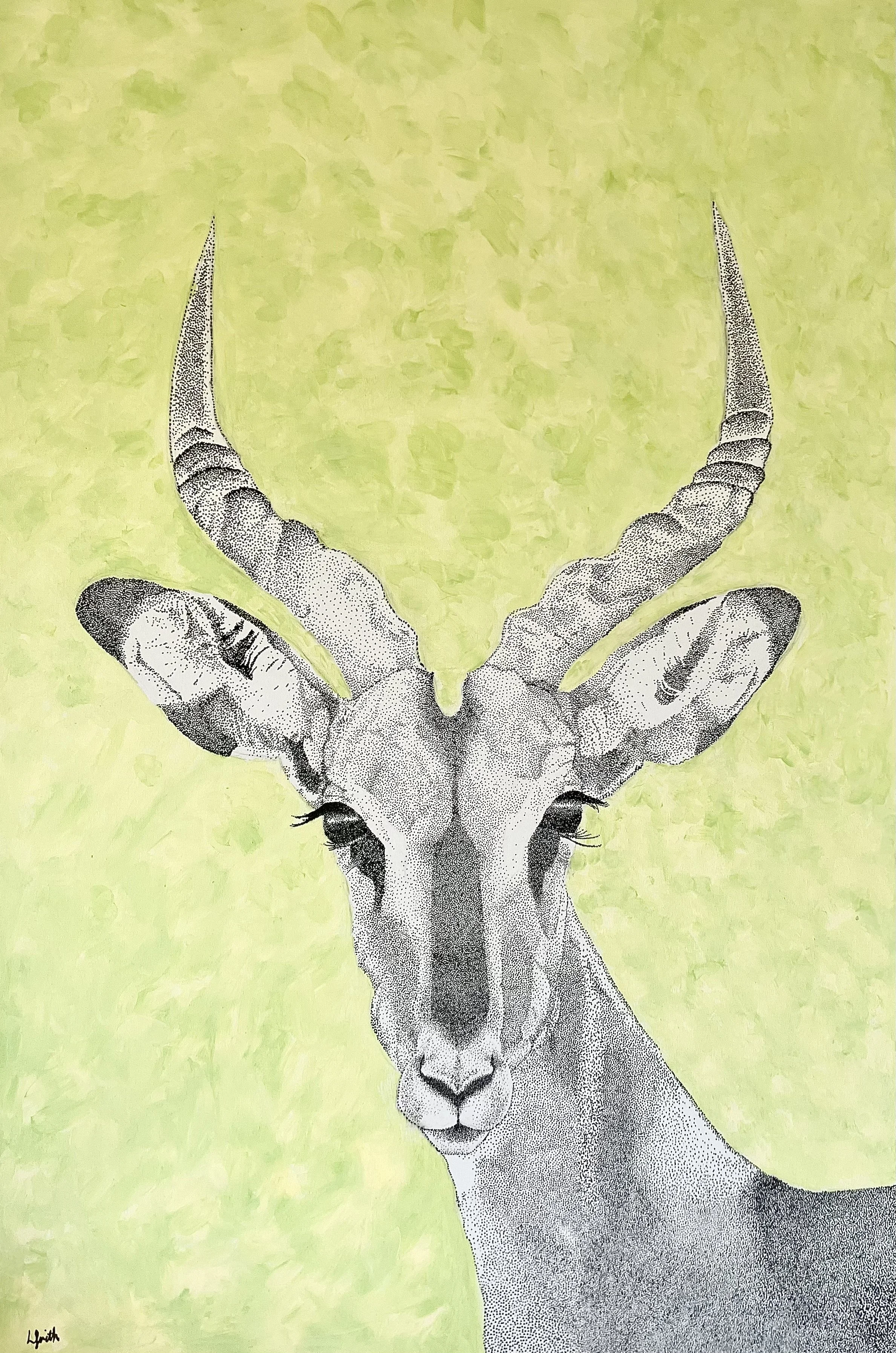 Stippling, dotting or pointillism antelope on a green acrylic paint background. Created by Australian artist Louise frith.