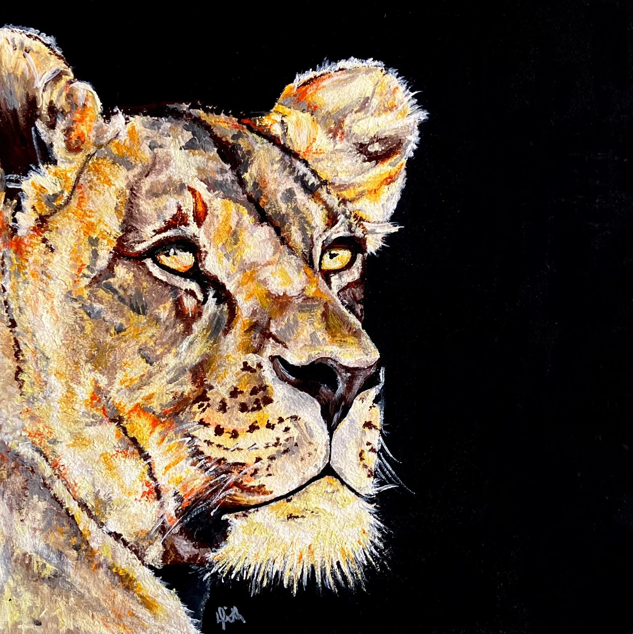 African lion artwork created using colourful acrylic paint. This lioness painting was created as part of the 'Step into Africa' series by Australian artist Louise Frith.