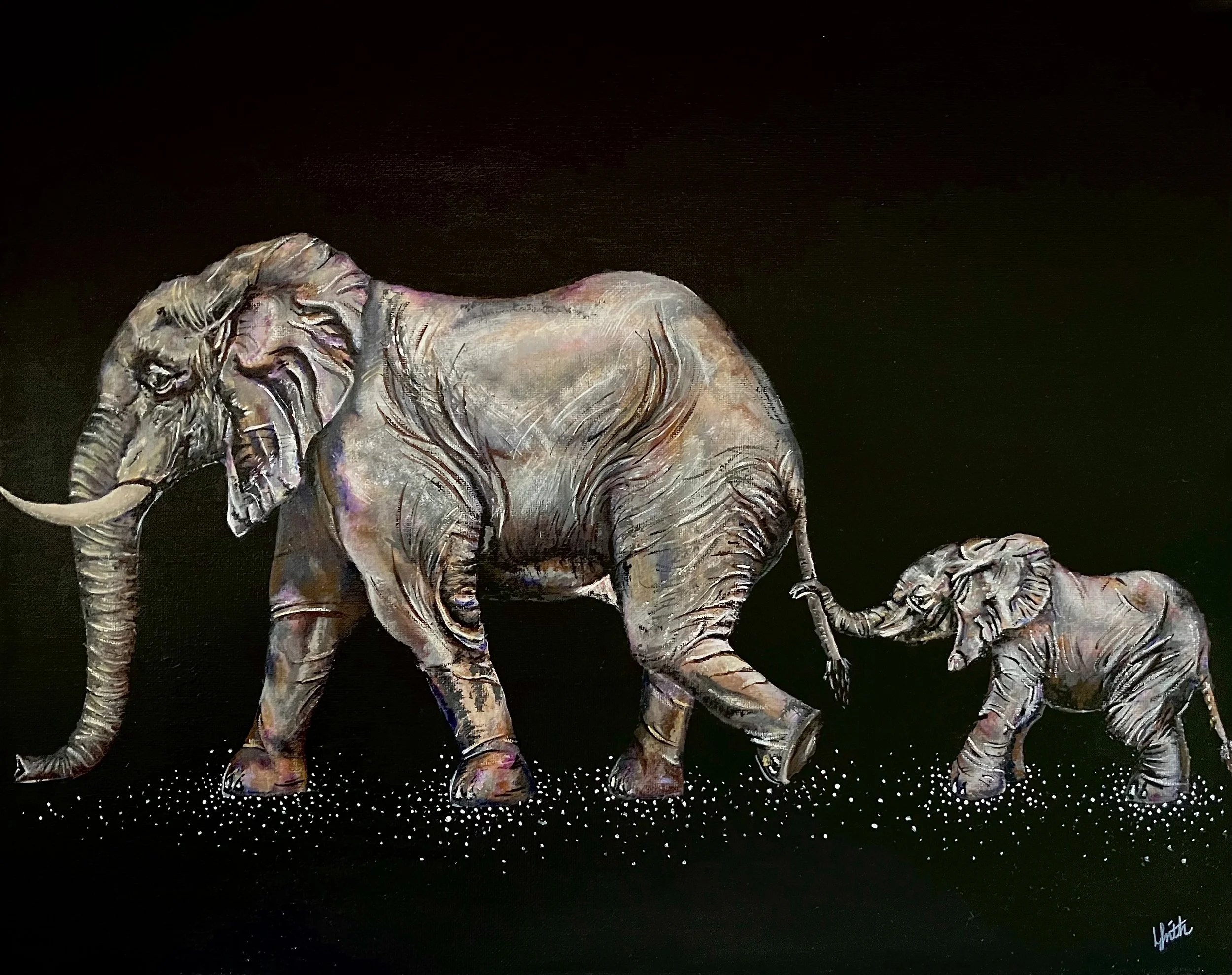 Elephant artwork featuring a mother elephant with a baby elephant created in colourful acrylic paint by Australian artist Louise Frith.