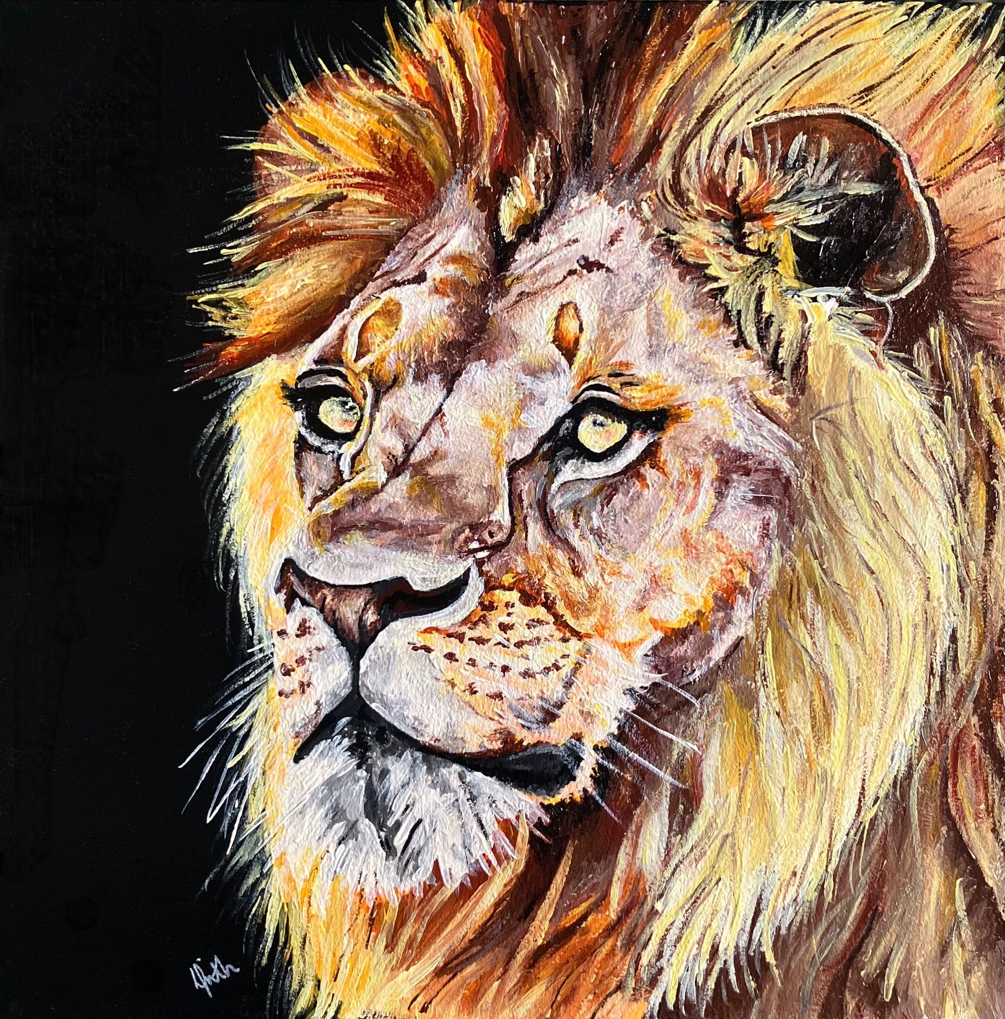 African lion artwork created using colourful acrylic paint. This lion painting was created as part of the 'Step into Africa' series by Australian artist Louise Frith.