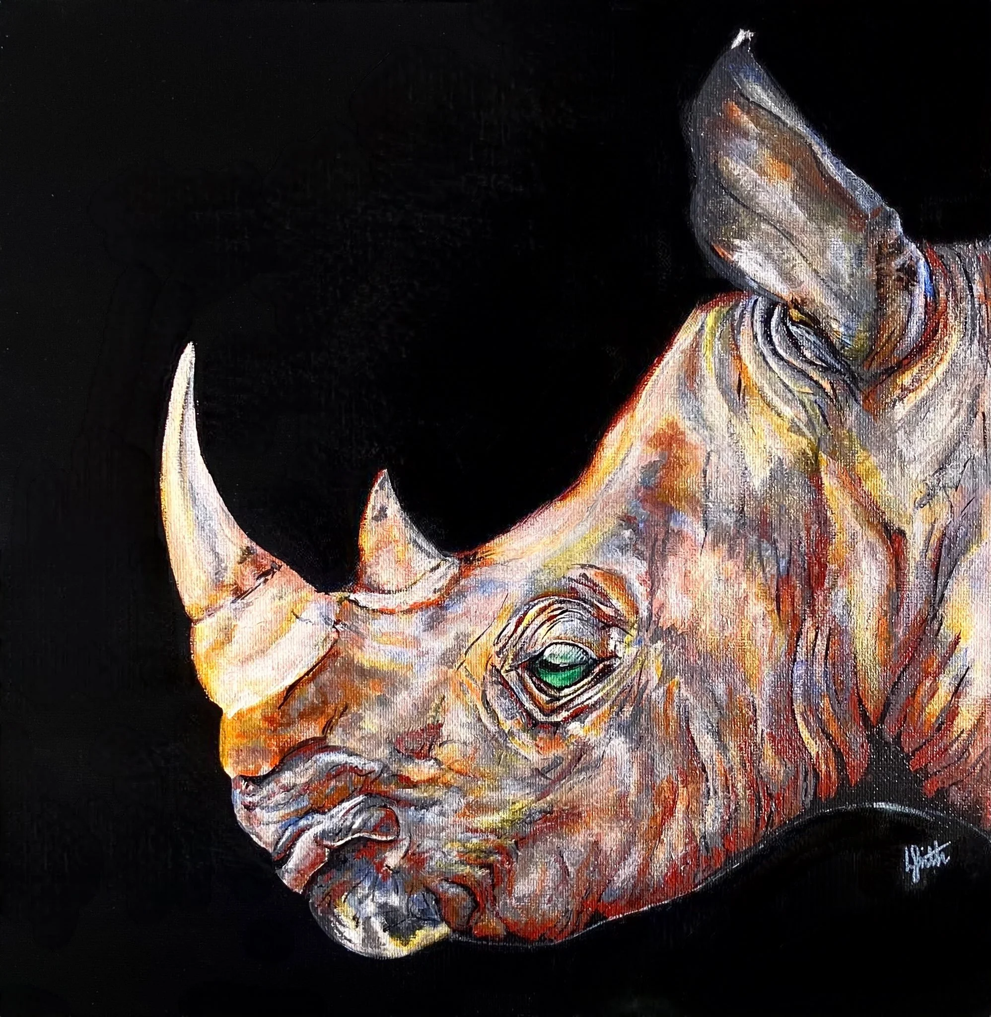 African rhinoceros artwork created using colourful acrylic paint. This rhino painting was created as part of the 'Step into Africa' series by Australian artist Louise Frith.