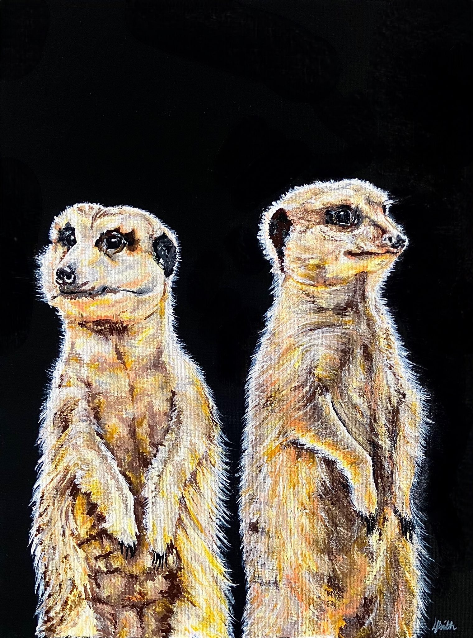 African meerkat artwork created using colourful acrylic paint. This meerkat painting was created as part of the 'Step into Africa' series by Australian artist Louise Frith.
