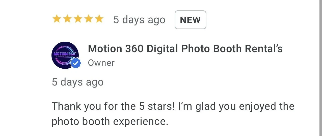 Five-star customer review for Motion 360 Digital Photo Booth Rentals in New Orleans highlighting outstanding service and unforgettable event experiences