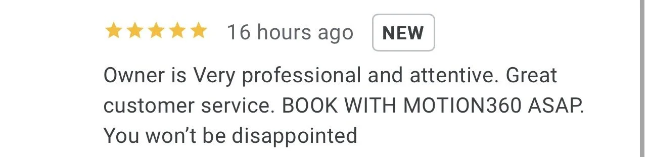 Five-star Google review for Motion 360 Digital Photo Booth Rentals in New Orleans highlighting excellent customer service and reliable photo booth rentals