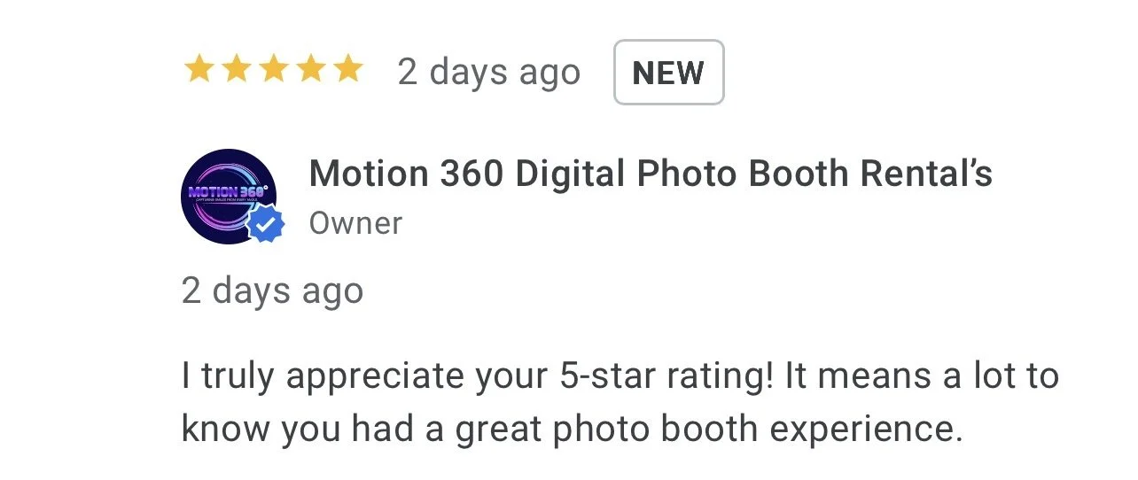 Five-star Google review for Motion 360 Digital Photo Booth Rentals in New Orleans showcasing trusted photo booth services for weddings, corporate events, and private parties