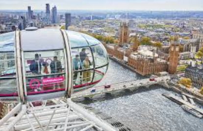 People riding inside a glass observation pod high above a city skyline with tall buildings and a river below.
