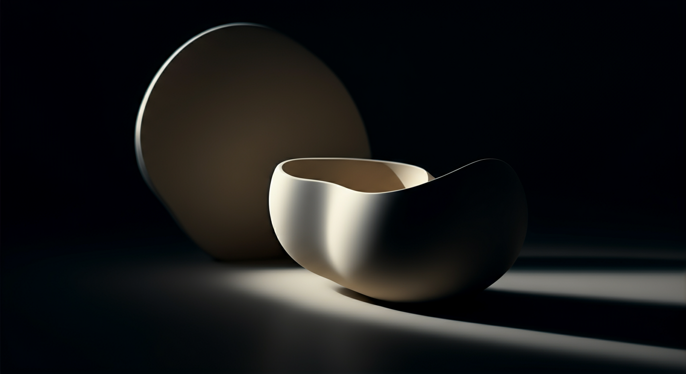 A close-up of two modern, abstract ceramic bowls with smooth, curved surfaces, one in light cream color and the other in dark color, against a dark background with subtle lighting.