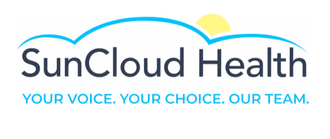 Logo for SunCloud Health with a sun and cloud illustration and tagline 'Your voice. Your choice. Our team.'