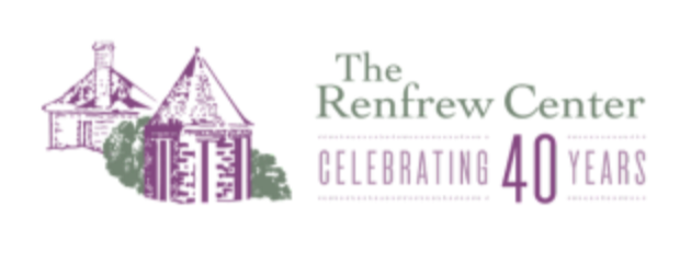 Logo for The Renfrew Center celebrating 40 years with illustrations of two houses and text in green and purple.