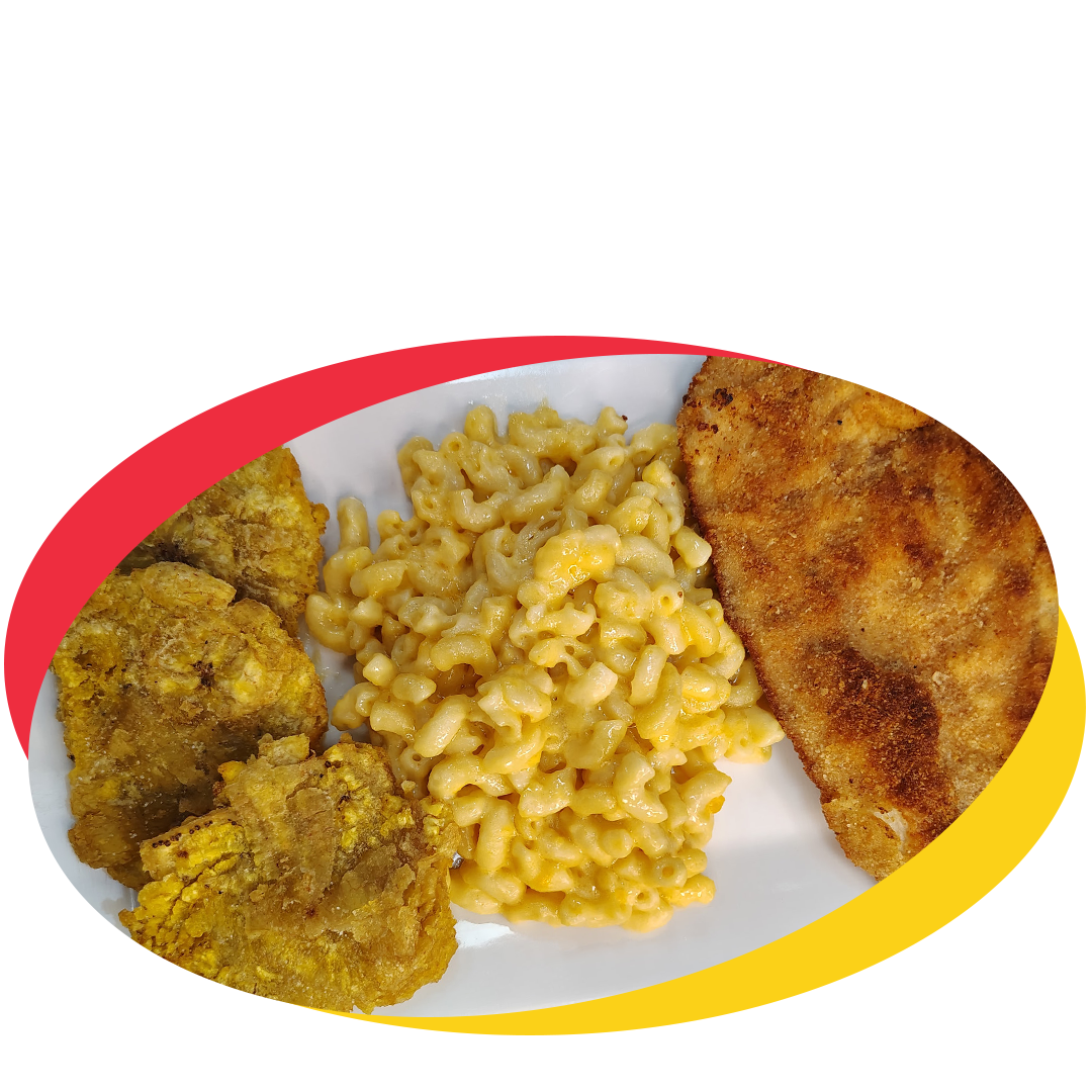 Milanesade Pollo Tostones Mac: Fried chicken pieces, macaroni and cheese, and a breaded fried fish fillet on a white plate with a colorful border