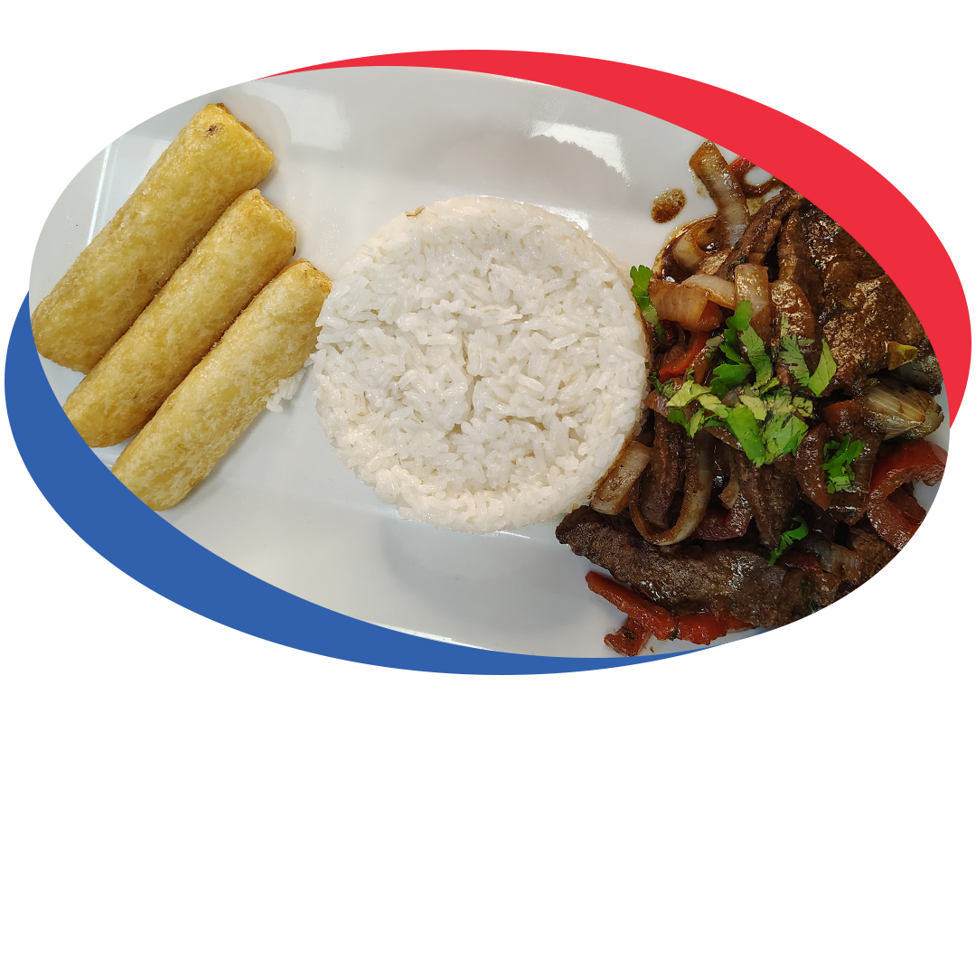 Bistec Salteado Yuca: Plate of rice, fried plantains, and beef stir-fry with vegetables garnished with cilantro.