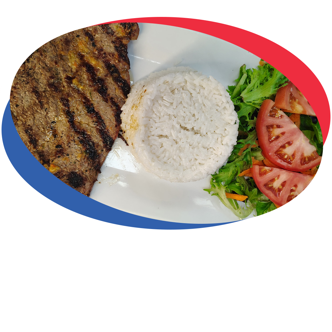 Carne Asada: Grilled meat, white rice, and a side salad with tomatoes, lettuce, and carrots on a plate.
