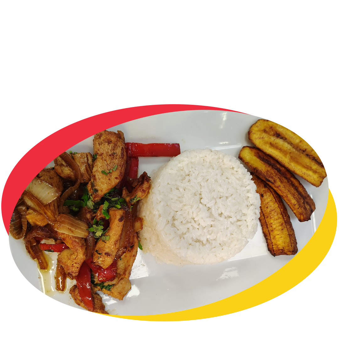 Pollo Salteado Platano: Plate of fried plantains, white rice, and a stir-fry with chicken, onions, and peppers garnished with cilantro