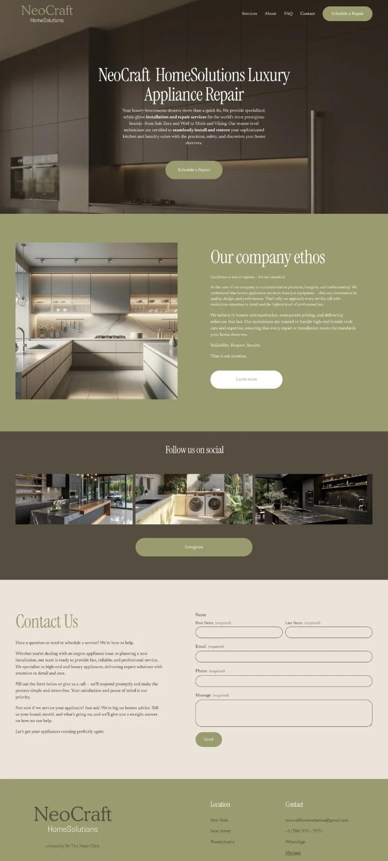 Website homepage for NeoCraft HomeSolutions, featuring services for luxury appliance repair, company ethos, social media links, and a contact form, with images of modern kitchen interiors.