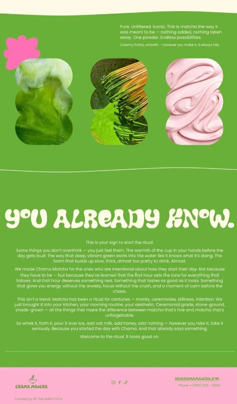 Colorful advertisement for matcha, featuring three stylized images of green and pink elements with text about matcha benefits and rituals. The background is primarily green with a pink footer.