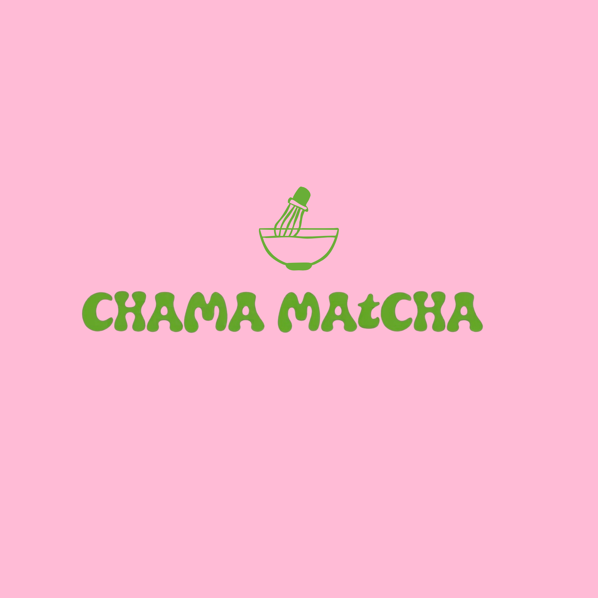 Logo with a pink background and a green illustration of a bowl with a whisk above it. Text reads 'Chama Matcha' in bold green letters.