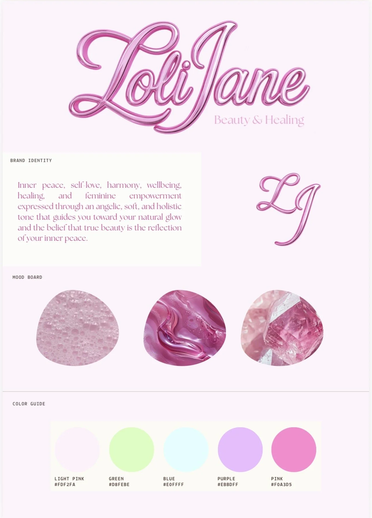 Brand identity and mood board for Loli Jane Beauty & Healing, featuring a pink, purple, and pastel color palette, with soft textures, marble, bubbles, and a crystal, emphasizing themes of inner peace, self-love, harmony, and feminine empowerment.