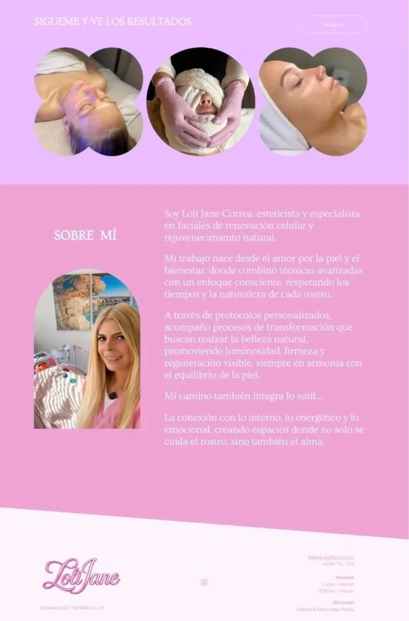 A promotional poster for Loli Jane Correa, an aesthetician specializing in facial rejuvenation and skincare, featuring images of a woman receiving facial treatments and a smiling woman with a beach and cityscape in the background.