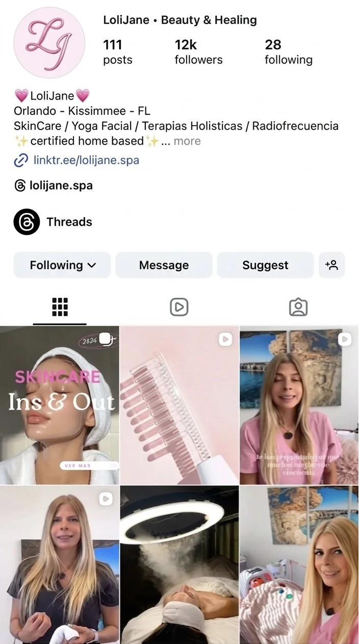 Screenshot of LoliJane's Instagram profile page displaying her posts about skin care and holistic therapies, including videos and selfies of her in treatments and relaxing settings, with a focus on beauty and healing.