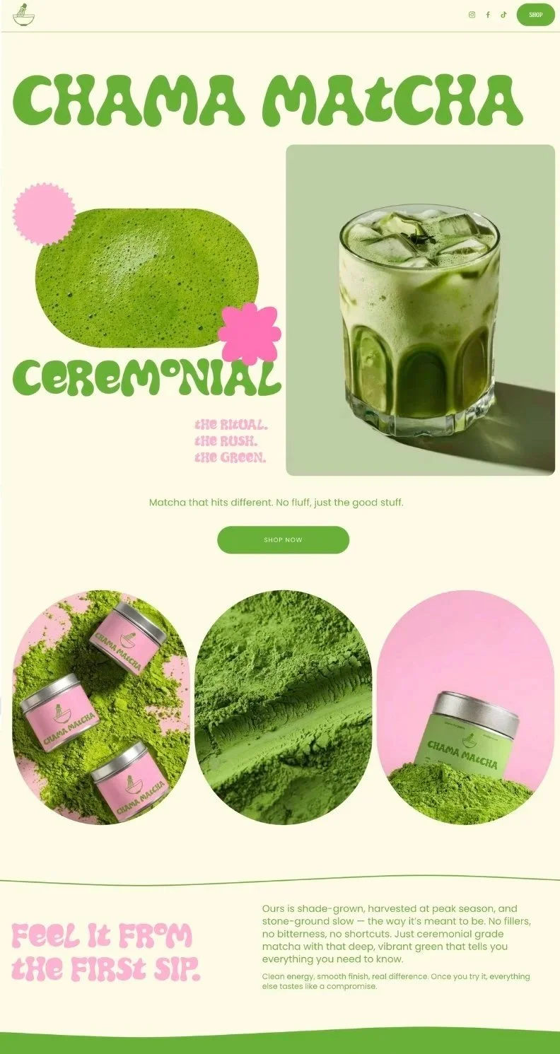 Website promoting Chama Matcha ceremonial green tea, featuring a glass of matcha latte, containers of matcha powder, and a matcha stone-ground powder.