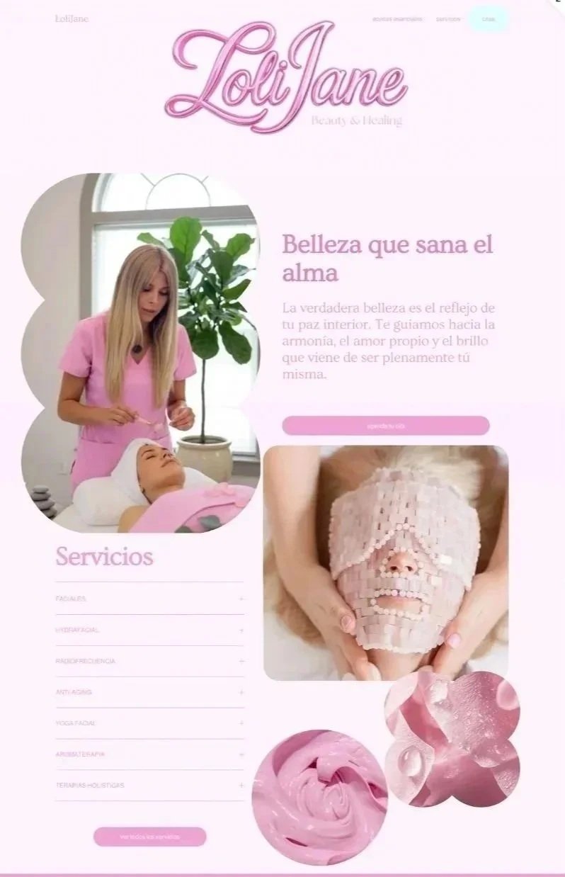 Screenshot of a website for Loli Jane Beauty & Healing, featuring a woman receiving a facial treatment, with text in Spanish about inner peace and beauty, and images of facial treatments and skincare.