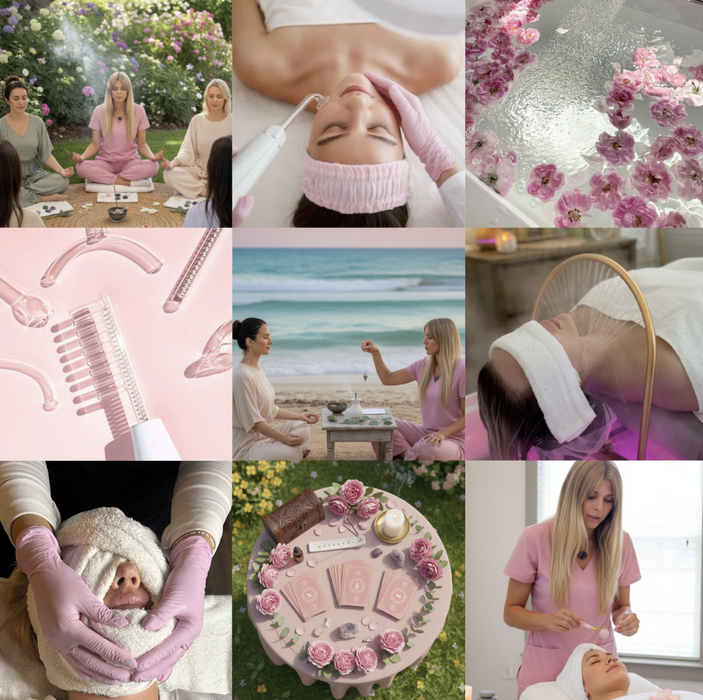 A collage of images related to beauty and wellness treatments, meditation, herbal baths, skincare, and holistic practices.