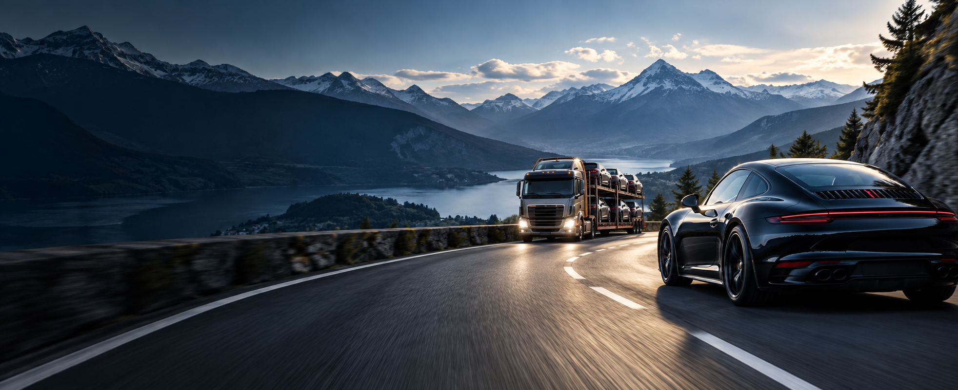 Black sports car driving away and a loaded car hauler approaching on a mountain road