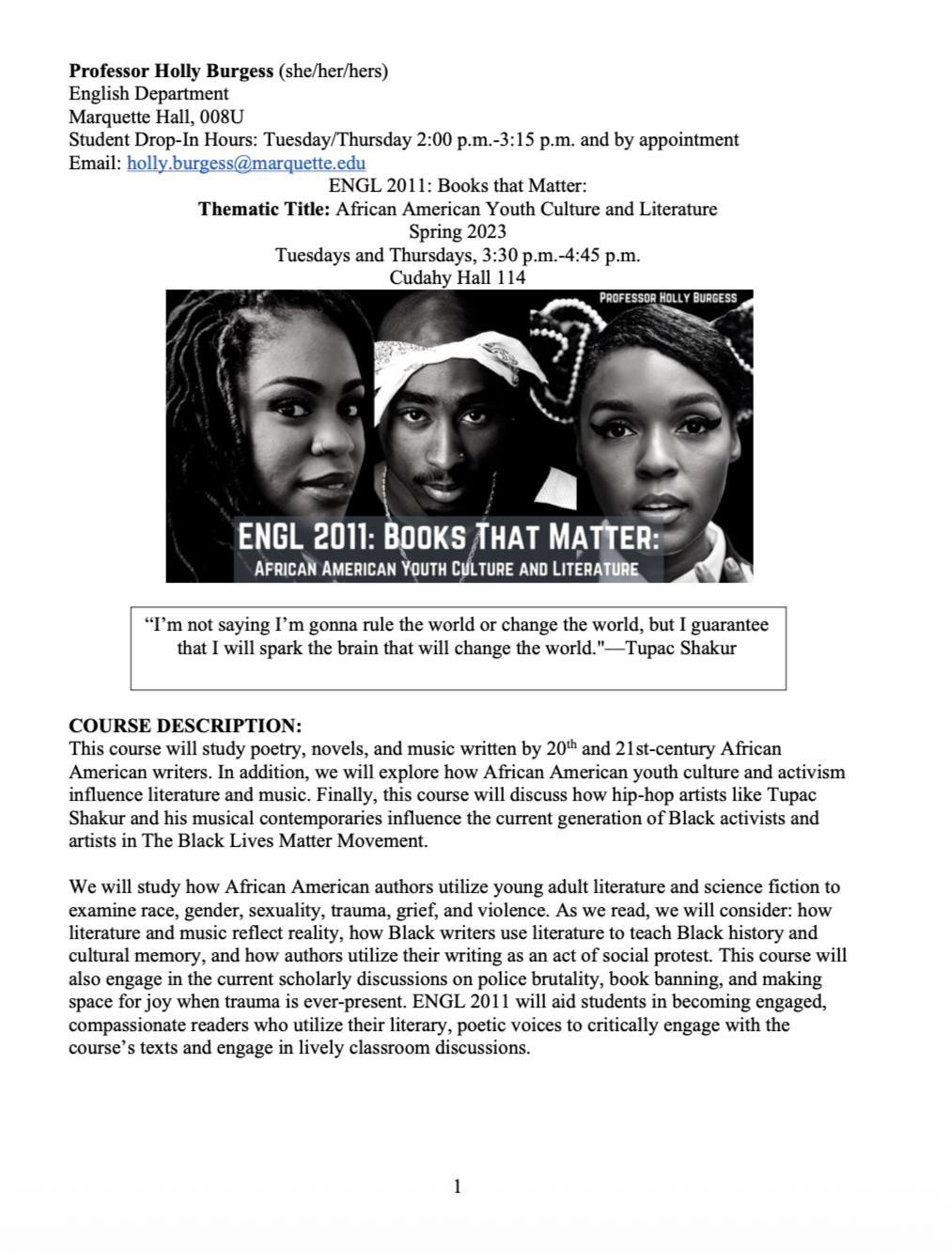 Front page Screenshot of the ENGL 2011 Syllabus featuring a grayscale banner of Angie Thomas, Tupac, and Janelle Monáe.