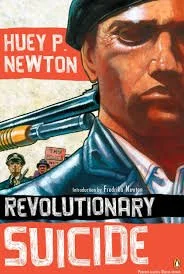 Revolutionary Suicide by Huey P. Newton Book Cover, a drawing of Huey with a gun to the back of his neck. Huey is wearing his black beret, black leather coat, and white dress shirt. Introduction by Frederika Newton