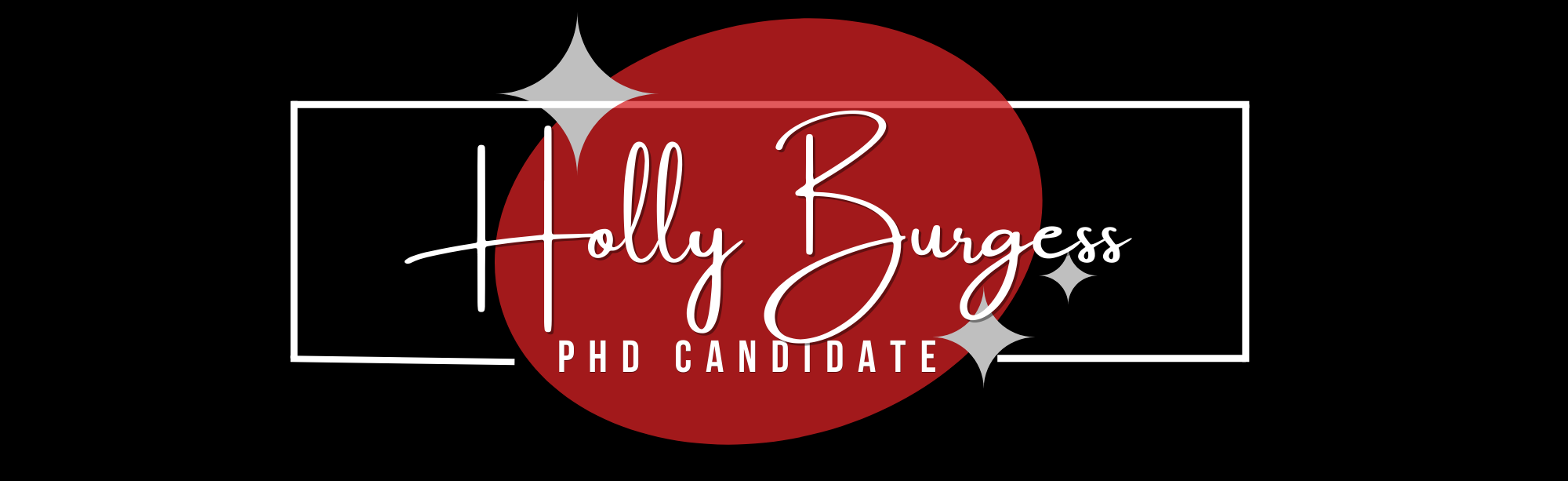 Logo for Holly Burgess PhD Candidate featuring a black background, white rectangular border, red circle, white and gray sparkles, and white cursive and block text.
