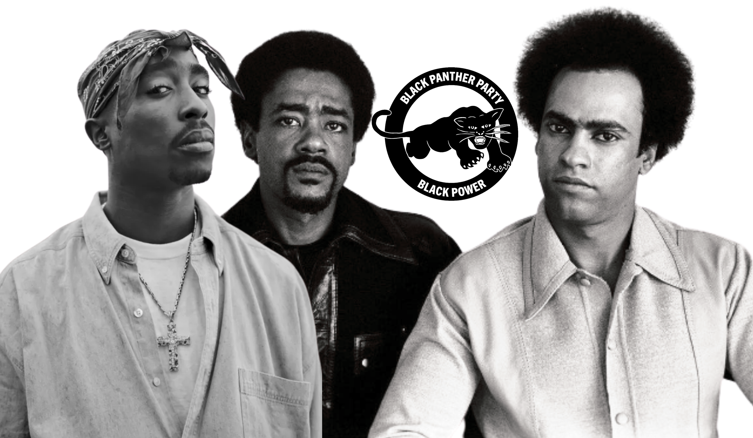 Black and white banner of 2pac, Bobby Seale, and Dr. Huey P. Newton