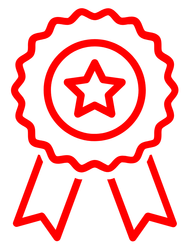 Neon red badge with a star and ribbon design, symbolizing achievement or award.