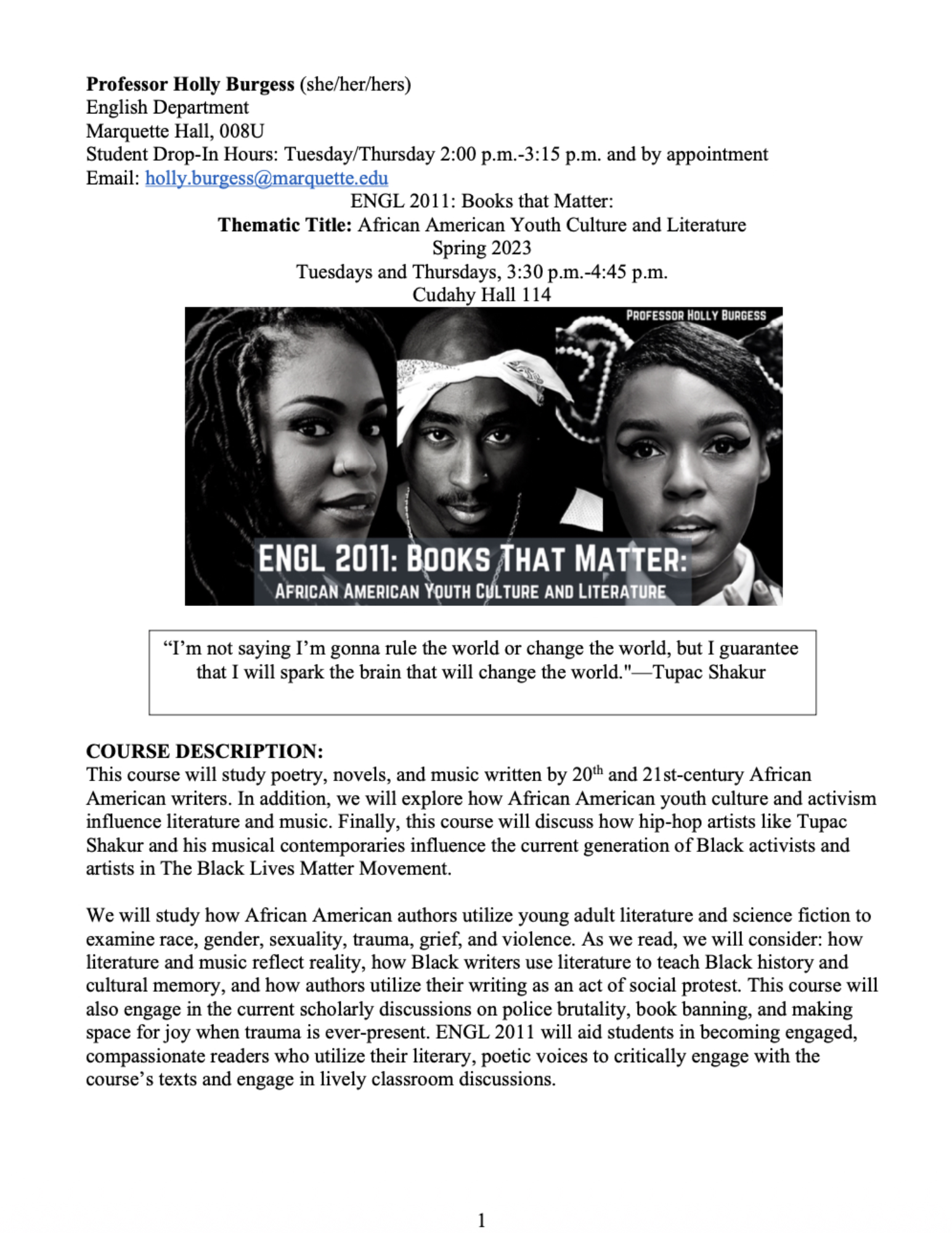Syllabus header for "Books that Matter" featuring portraits of Angie Thomas, Tupac Shakur, and Janelle Monáe.