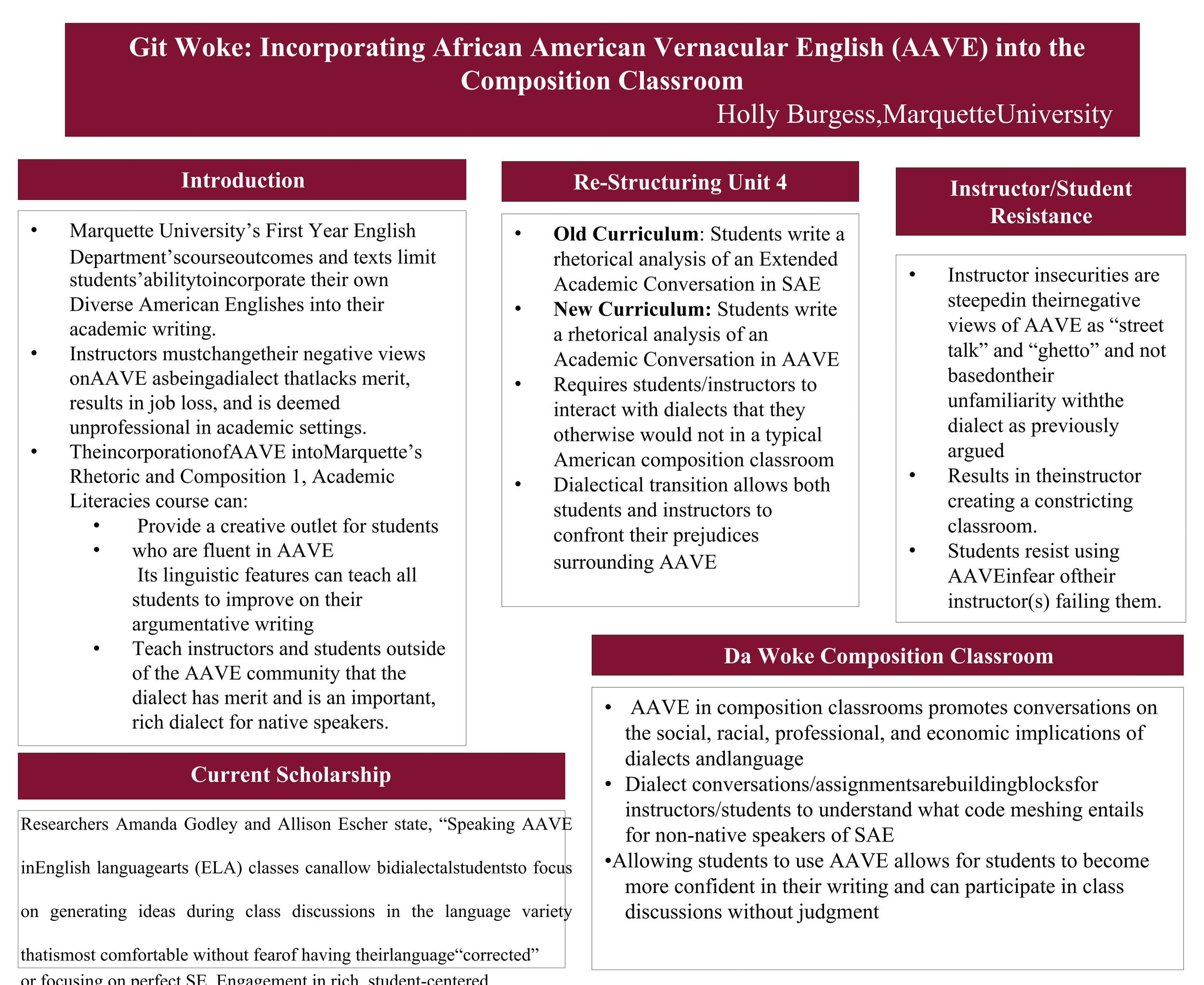 Academic poster called "Git Woke" about teaching AAVE in First Year English classrooms