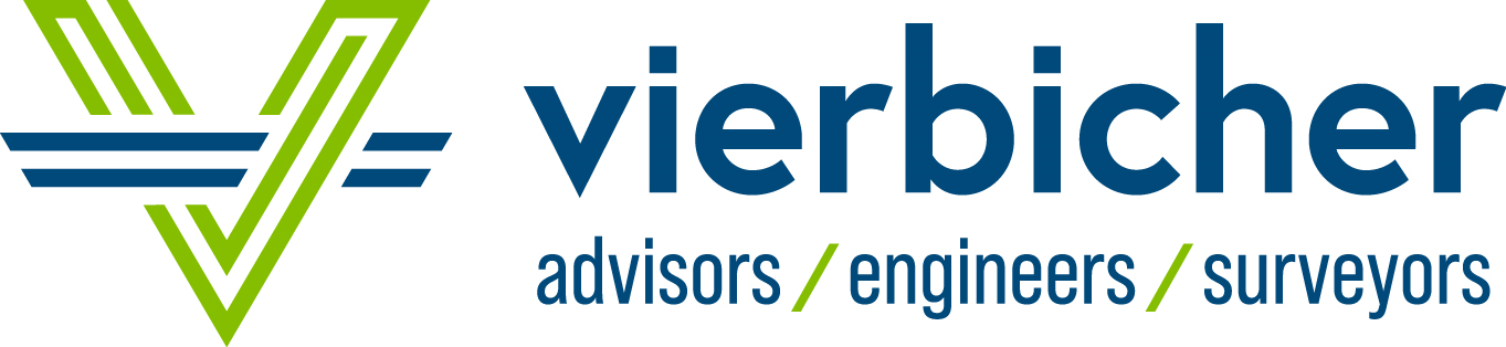 Vierbacher logo with green and blue geometric design and the words 'vierbacher advisors / engineers / surveyors'. California-based consulting firm.