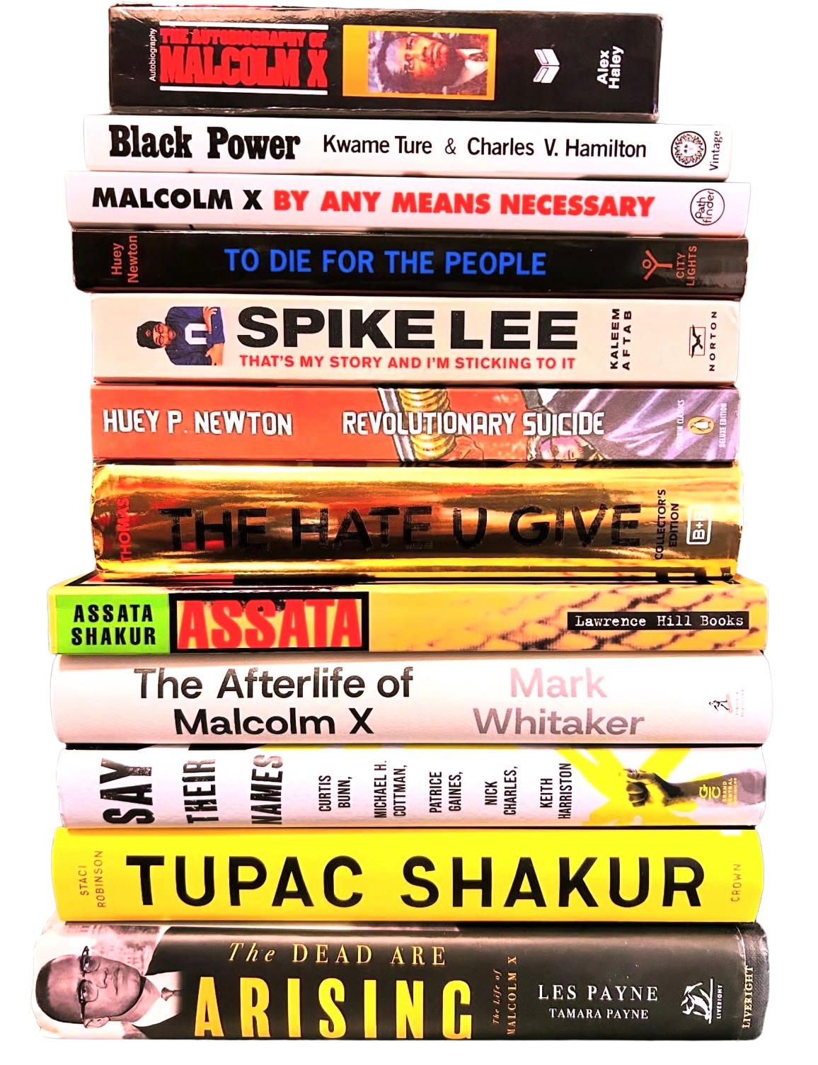 Stack of books with titles including 'The Autobiography of Malcolm X,' 'Black Power,' 'Malcolm X by Any Means Necessary,' 'To Die for the People,' 'Spike Lee,' 'Revolutionary Suicide,' 'The Hate U Give,' 'Assata,' 'The Afterlife of Malcolm X,' 'Say Their Names,' 'Tupac Shakur,' and 'The Dead Are Arising.'