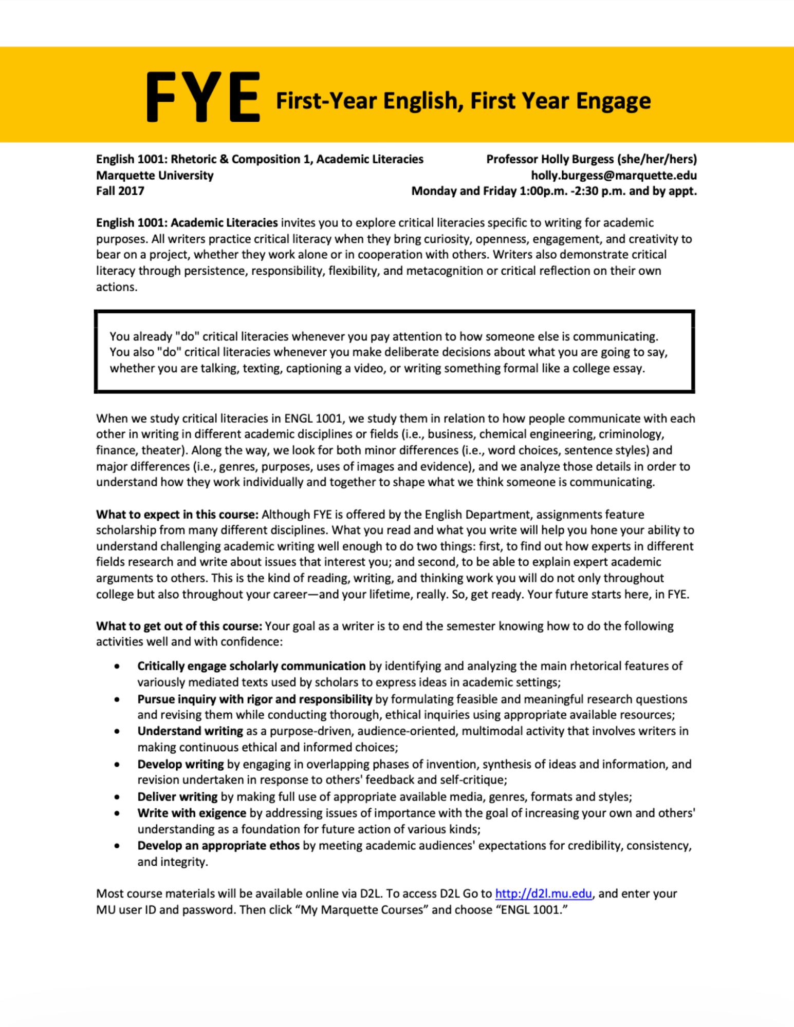 Syllabus for ENGL 1001: First-Year English, featuring a prominent yellow "FYE" header and detailed course goals for academic literacy and rhetorical communication.